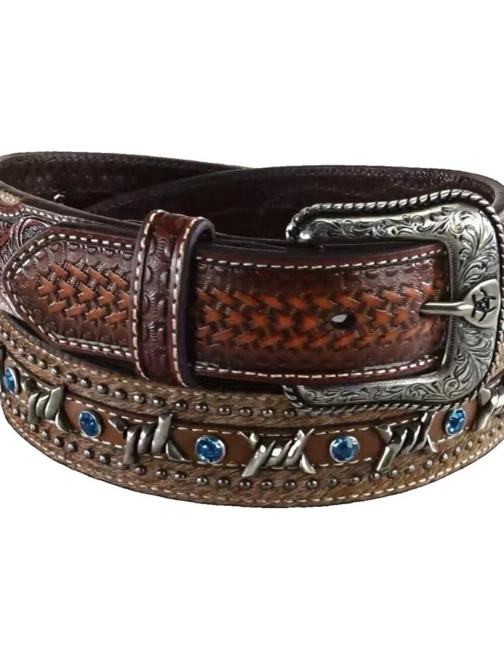 Ariat Men's Western Belt Brown Studded Silver-Tone Buckle Adjustable Size 46